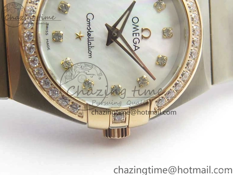 0212 NewStyle Constellation Ladies 27mm ZF 1:1 Best Edition SS RG White MOP Dial Diamonds Bezel & Markers on SS RG Bracelet ETA Quartz 7943